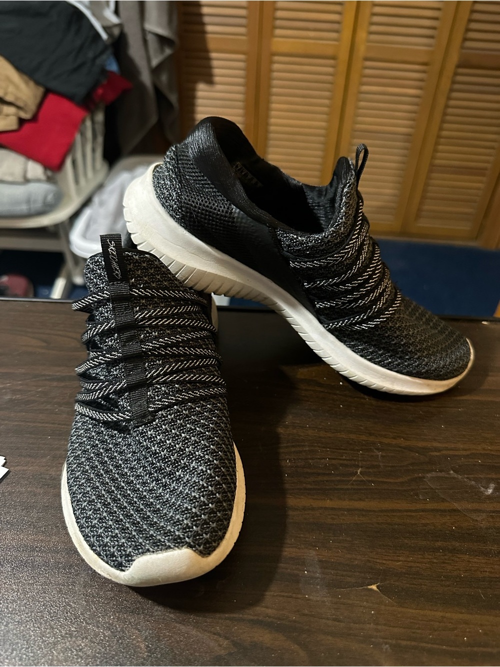 Skechers Women's Black and White Knit Slip-On Sneakers